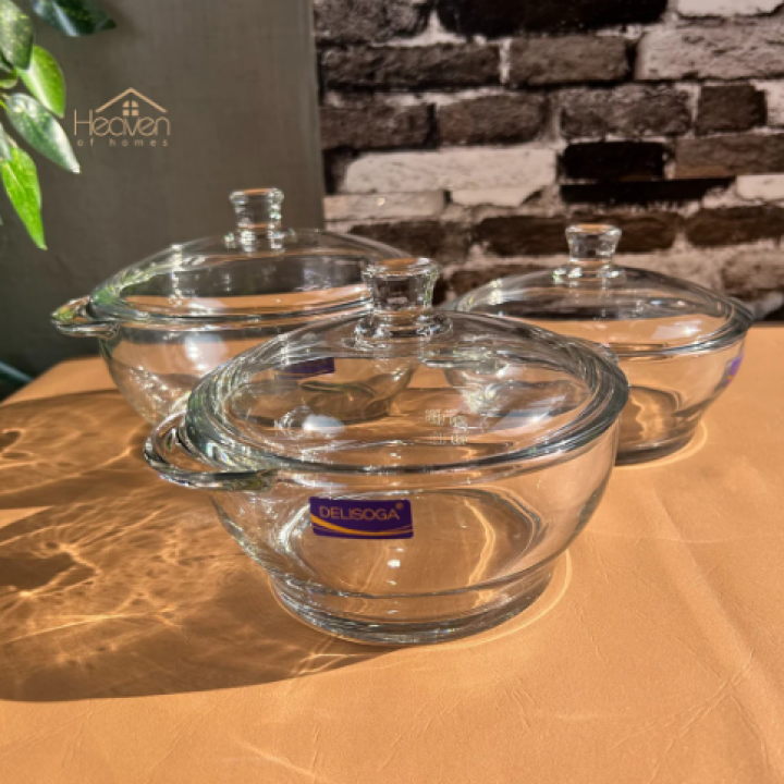 Set of 3 Round Tempered Glass Bakeware Bowl With Cover Transparent Food Storage