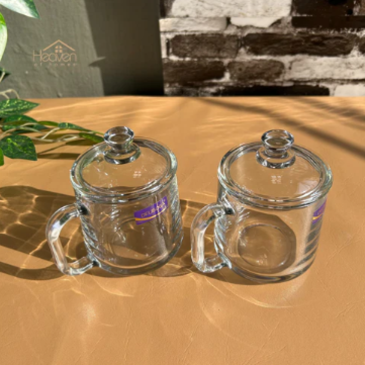 Set Of 2 360ml Transparent Coffee Mug With Glass Lid-Premium