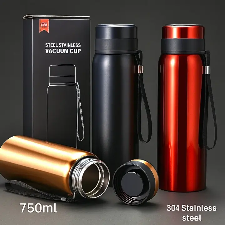 750ml Stainless Steel Vacuum Flask – 304 Steel Double Wall Insulated Bottle for Hot & Cold Beverages | Leakproof with Carry Strap
